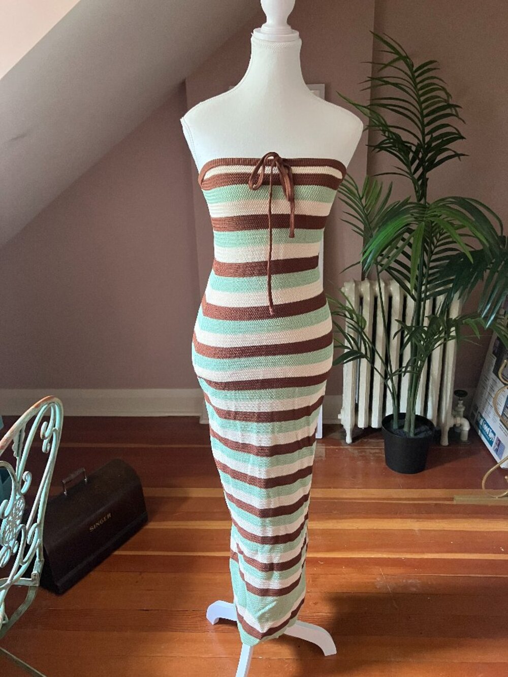 Striped knit dress stretchy bodycon maxi slip casual summer sundress